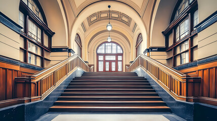 Obraz premium Grand Staircase Ascends to Light-Filled Hall