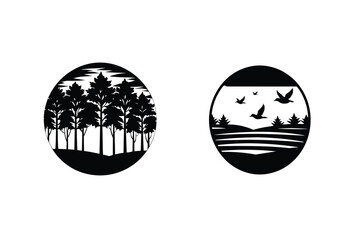 Minimalist Forest And Lake In Circle Silhouette Designs Vector Illustration