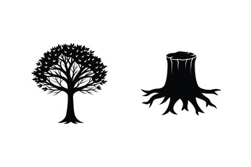 Silhouette Tree And Tree Stump Simple Vector Illustration Isolated On White