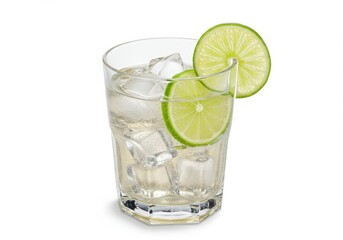 A refreshing drink in a glass with ice cubes and lime slices on a white isolated studio background view