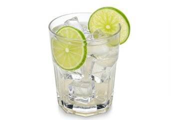 Close up of a clear glass filled with ice cubes and a clear liquid garnished with lime slices near rim