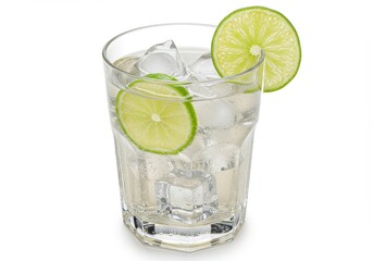 Fototapeta premium A refreshing drink in a clear glass with ice cubes and lime slices on a white background studio shot