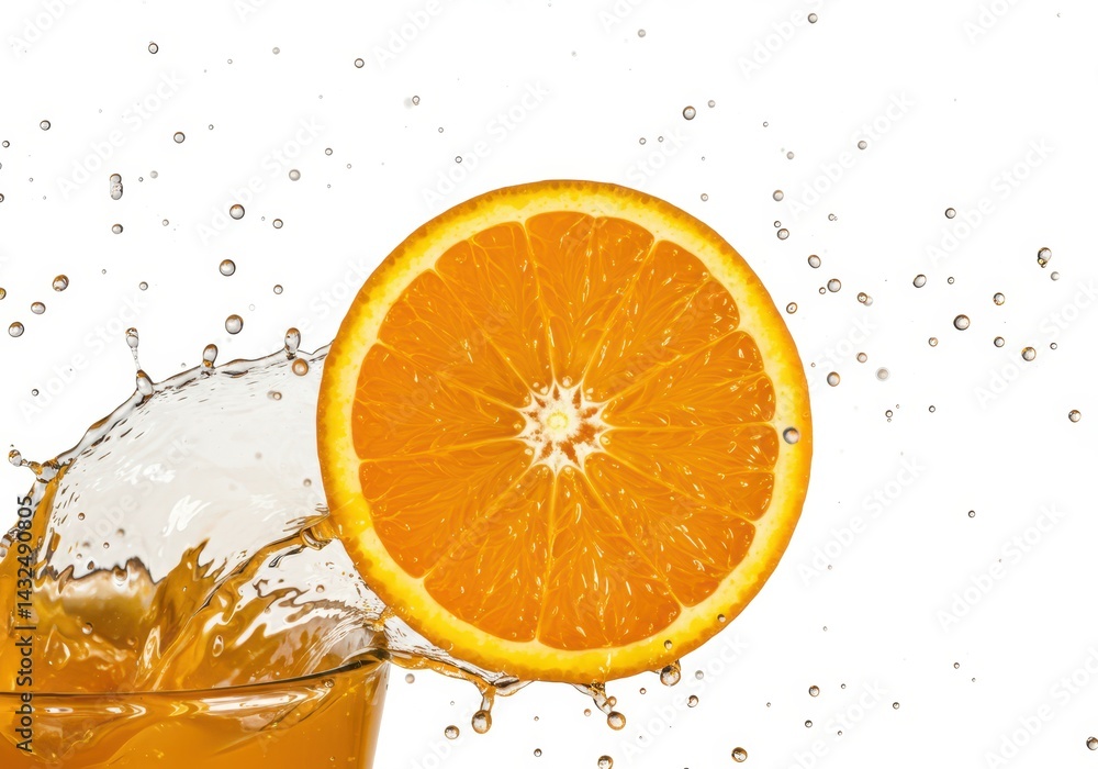 Poster a vibrant orange slice with juice splashing creating a refreshing and invigorating visual experience