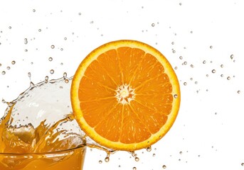 A vibrant orange slice with juice splashing creating a refreshing and invigorating visual experience