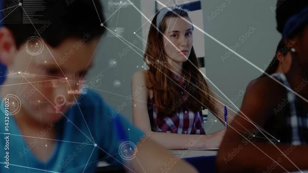 Poster students writing tests in modern classroom, with animated network lines and data graphs overlaying