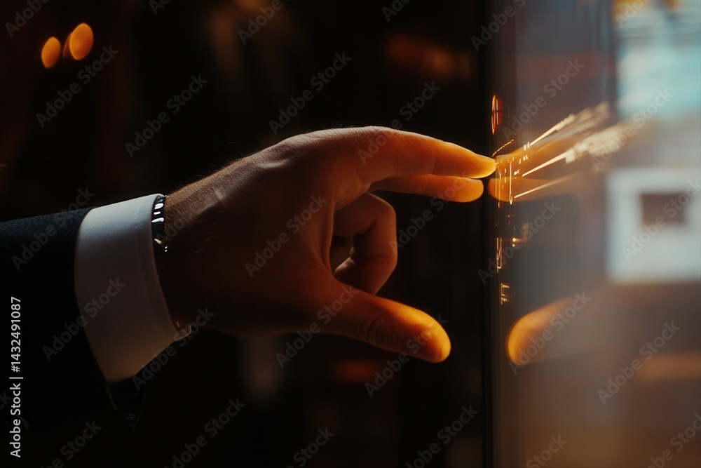 Poster elegant hand interacting with a touchscreen display, showcasing technology in a modern setting