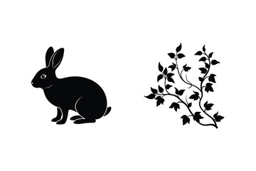 Elegant Black Silhouette Of Rabbit And Ivy Branch On White Background