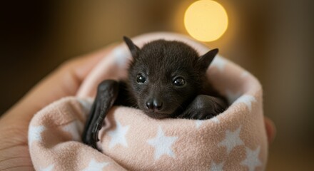 Obraz premium Sweet baby bat snuggles in a cozy blanket.