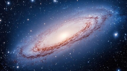 Spiral galaxy with luminous center and surrounding stars.