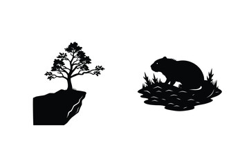 Silhouette Illustration Of A Tree On A Cliff And Beaver On Pond