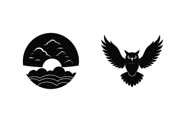 Black And White Illustration Of Owl In Flight Above Cloudscape Art