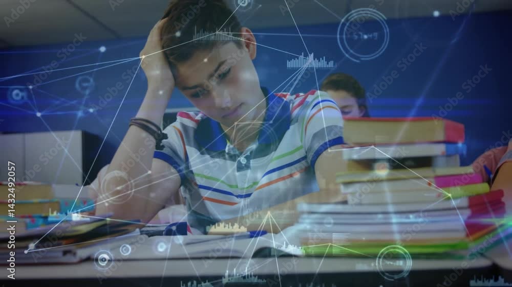 Poster teenage student writing notebook with textbooks, showing animated technology network-graph data