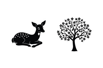 Fawn Resting Beside Blooming Tree Minimalist Black And White Illustration Silhouette