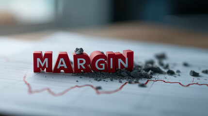 Margin in Decline: A visual metaphor presenting the concept of dwindling financial margins with the word "MARGIN" partially crumbled, illustrating a business or financial challenge. 