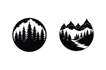 Black And White Circular Forest And Mountain Landscape Vector Icons Set