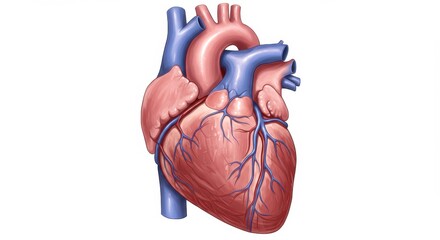 An anatomical illustration of a human heart with veins and arteries on a white background view from front