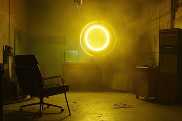 A classic film noir-style studio scene with a soft halo of yellow light.
