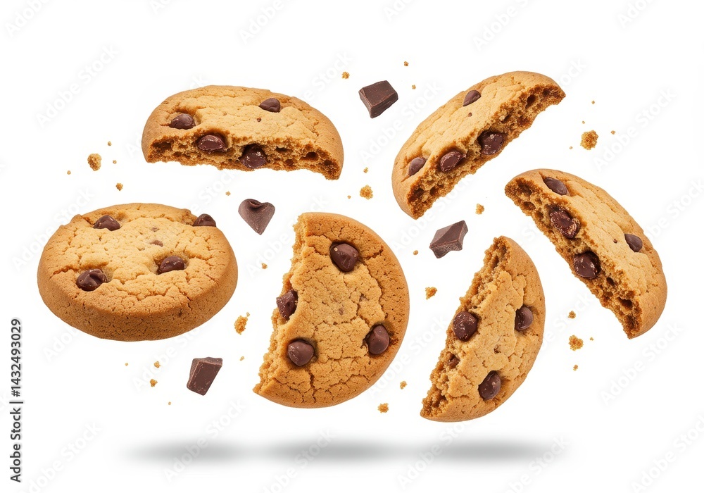 Poster assorted chocolate chip cookies and chocolate pieces floating on a plain white background view from 