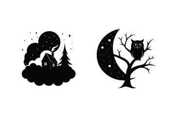Spooky Black And White Halloween Graphics Featuring Owl House Moon And Stars
