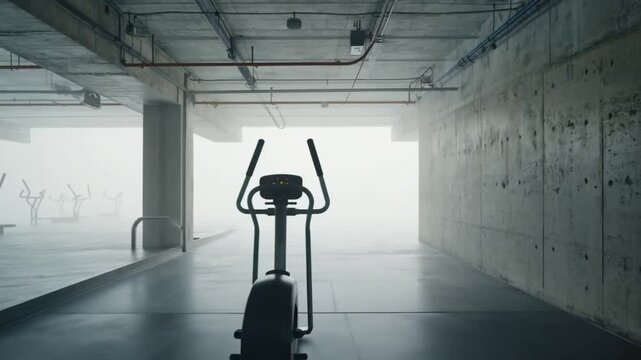 Wide cinematic pan across the industrial gym revealing the elliptical at center stage, soft rays of diffused light illuminating its console; subtle mechanical hum, light echoes of gym activity i