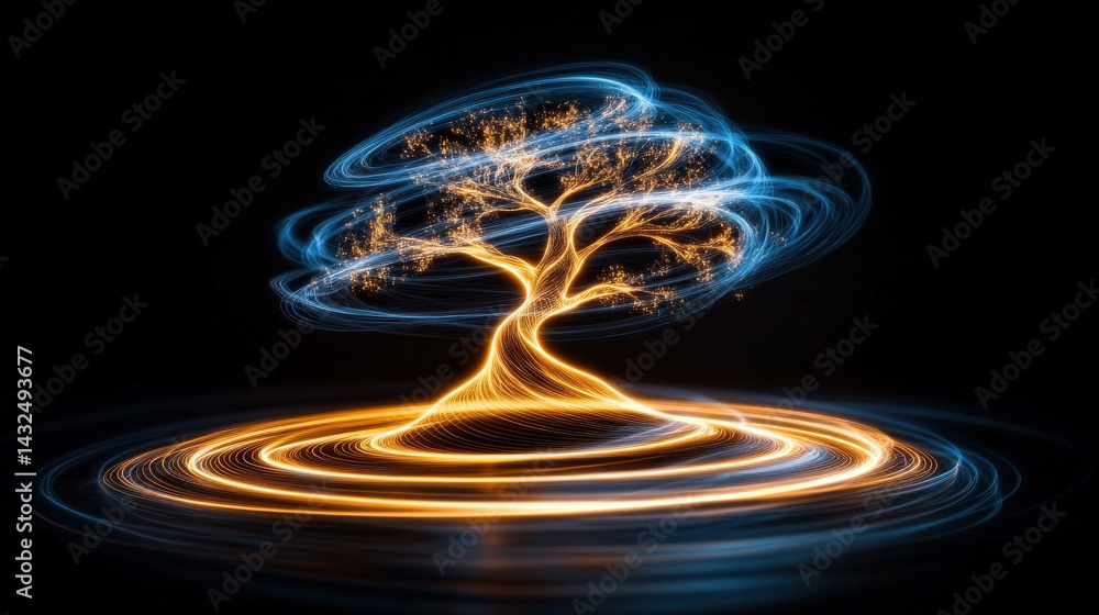 Poster tree is beautifully illuminated with swirling light, creating mesmerizing effect against dark background. light painting technique highlights tree branches and creates glowing aura around it