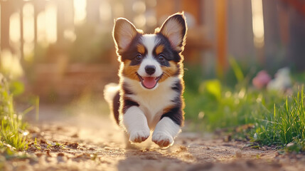 small fluffy puppy joyfully runs on sunlit dirt path, surrounded by greenery and warm, glowing atmosphere. playful energy and vibrant colors create heartwarming scene
