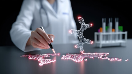 scientist in lab coat interacts with digital map and 3D molecular structure, symbolizing global collaboration in drug development using AI technology