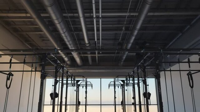 Camera tilt up from the base mats to the cable grips, subtle clack of pulleys and ambient training studio reverb, afternoon light glances across matte finishes