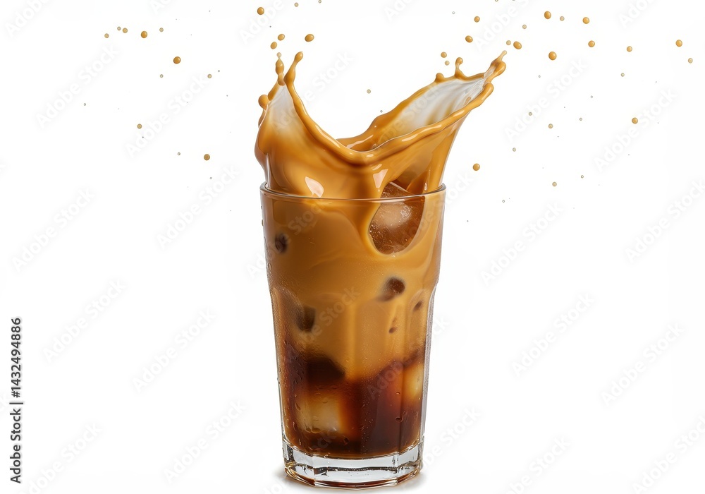 Poster iced coffee splashing in a tall glass with ice cubes on a white background creating a dynamic scene