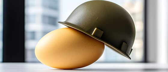 A single egg under a military green helmet, sitting on white near a window backdrop