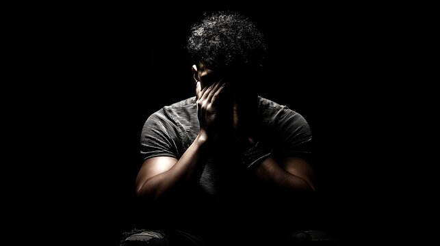 A man in deep thought and prayer, captured in dramatic low light
