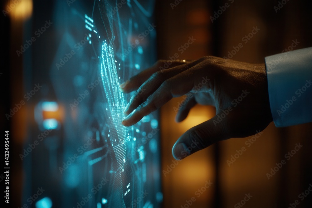 Poster futuristic hand interacting with a digital interface, showcasing technology in a modern setting