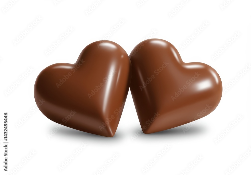 Poster two chocolate heart candies resting side by side on a plain white surface with soft shadows cast bel