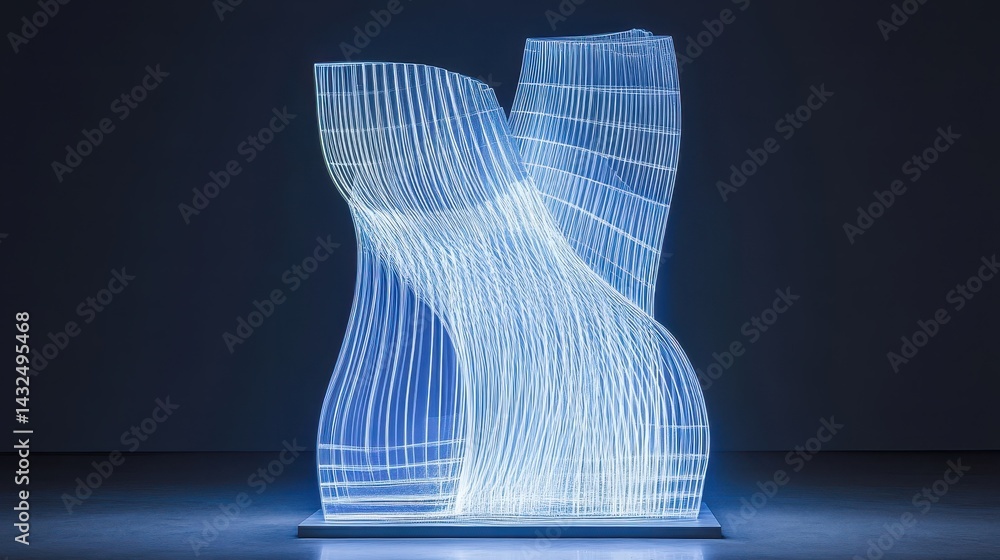 Poster illuminated, translucent architectural model of a twisted skyscraper.