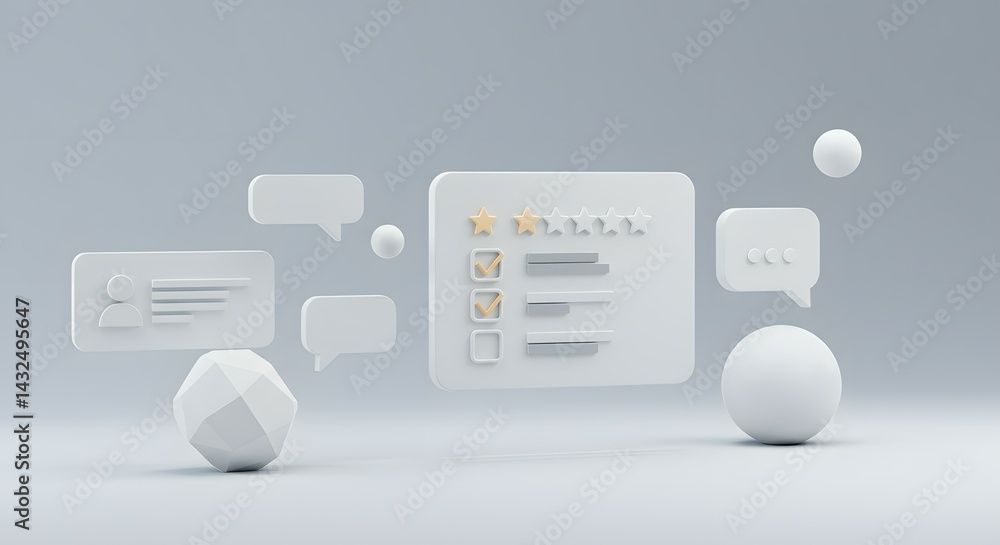 Poster modern minimalist 3d render white communication & data interface, abstract shapes, floating elements