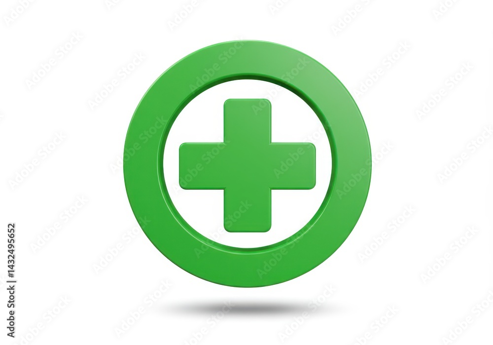 Aufkleber a green plus sign inside of a green circle on a white background in a rendered image style view