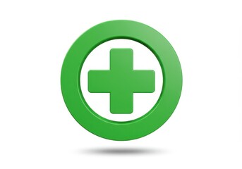 A green plus sign inside of a green circle on a white background in a rendered image style view