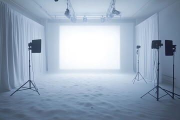 A cold studio room illuminated by faint icy white lighting and sharp edges.