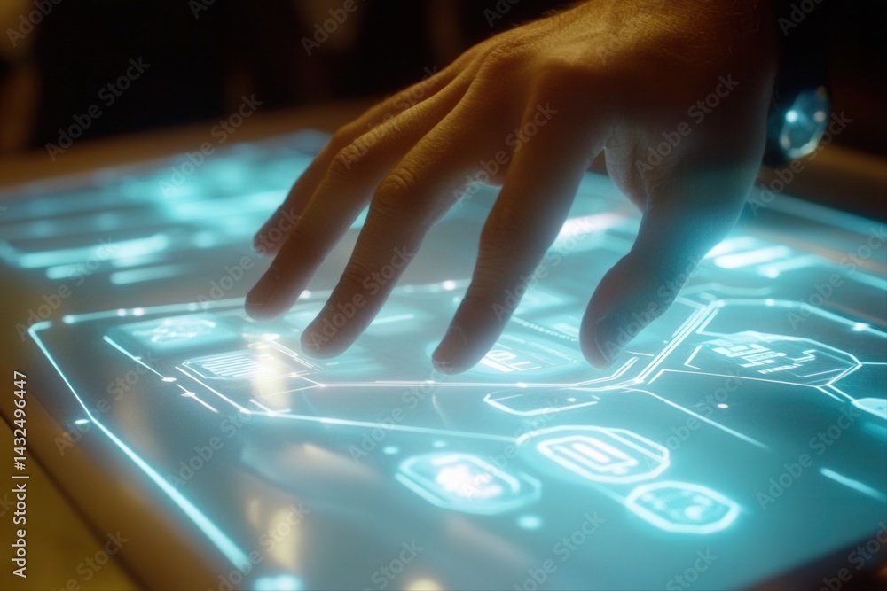Poster futuristic hand interacting with a glowing touchscreen interface in a modern tech environment