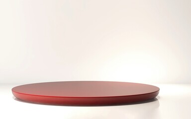 Modern round glossy red podium plate on white table counter in sunlight on wall for luxury organic fashion, beauty, cosmetic, skincare, body care product display background 3D