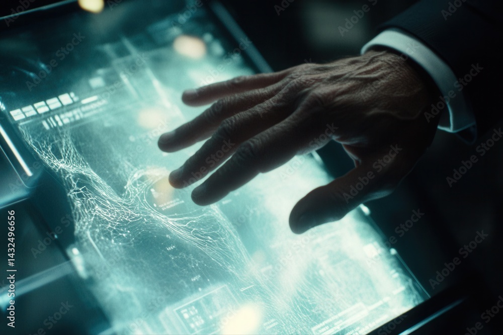 Poster futuristic hand interacting with a holographic display in a high-tech environment
