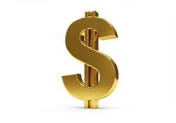 A shiny golden dollar sign standing upright against a plain white background in a studio shot