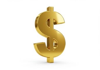 A golden dollar sign standing upright on a white surface with a smooth and shiny metallic texture