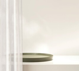 Modern round glossy sage green podium plate on white table counter, sheer curtain in sunlight on wall for luxury organic fashion, beauty, cosmetic, skincare, body care product display background 3D