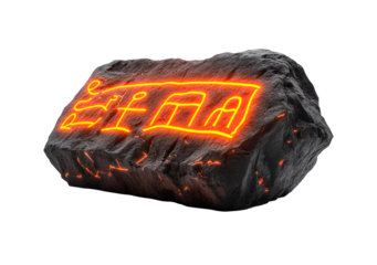 Ancient stone with glowing inscriptions found in an archaeological site isolated on transparent background