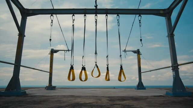 Slow side pan past TRX bands swaying gently, subtle ambient gym clatter in background, overhead spotlight casting detailed shadows across the bands and floor 
