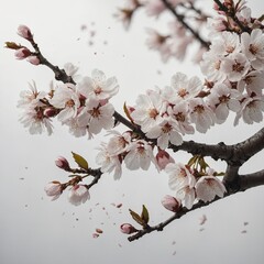 Cherry blossoms falling gently, white backdrop