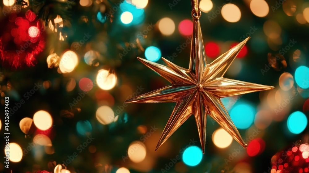 Poster a captivating close-up of a gleaming golden star ornament gracefully hanging on a christmas tree ado