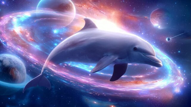 Albino dolphin in galaxy, swimming through glowing galactic ring  fantasy albino dolphin in space with planets and stars, magical albino dolphin floating in cosmic dreamscape outer space dream scene 