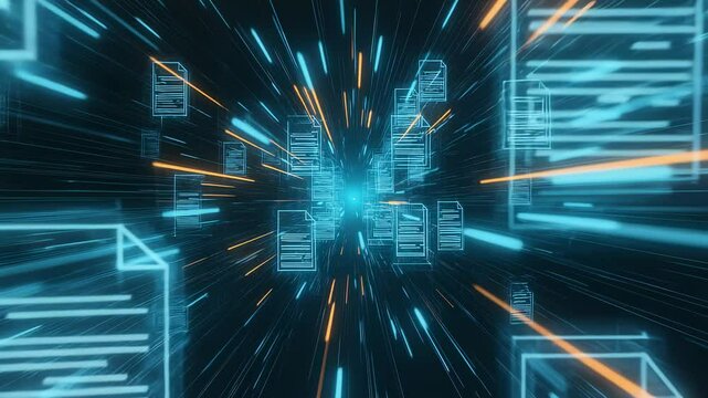Data Stream Digital documents fly through a futuristic network with glowing neon lights